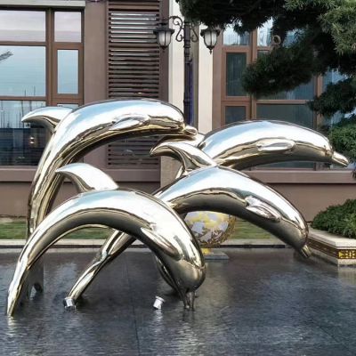 水景不銹鋼海豚雕塑-城市廣場創意動物雕塑